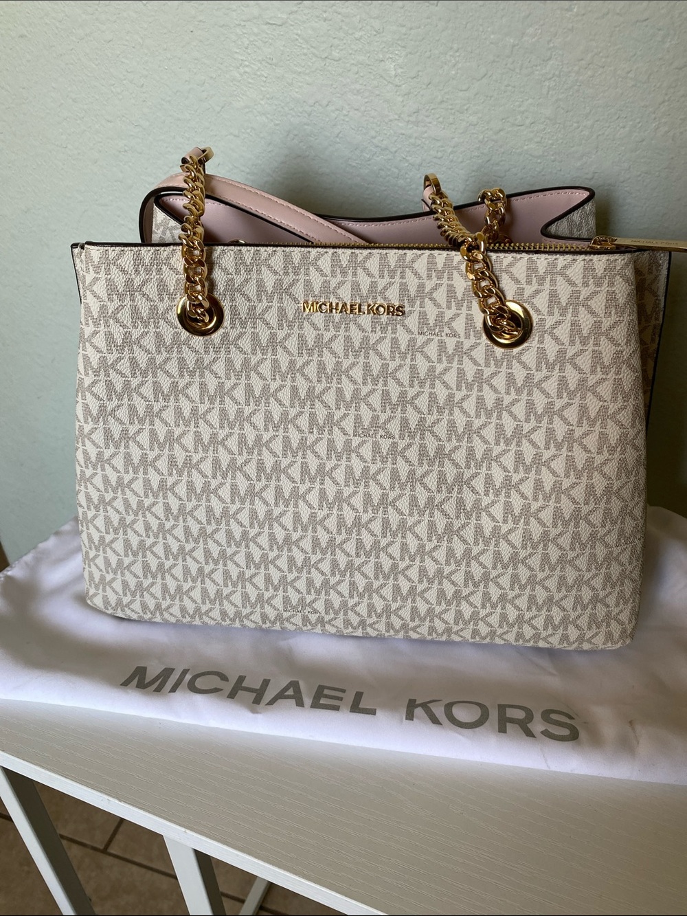 Michael Kors Beige Signature Tote with Pink Interior and Gold Chain Handles